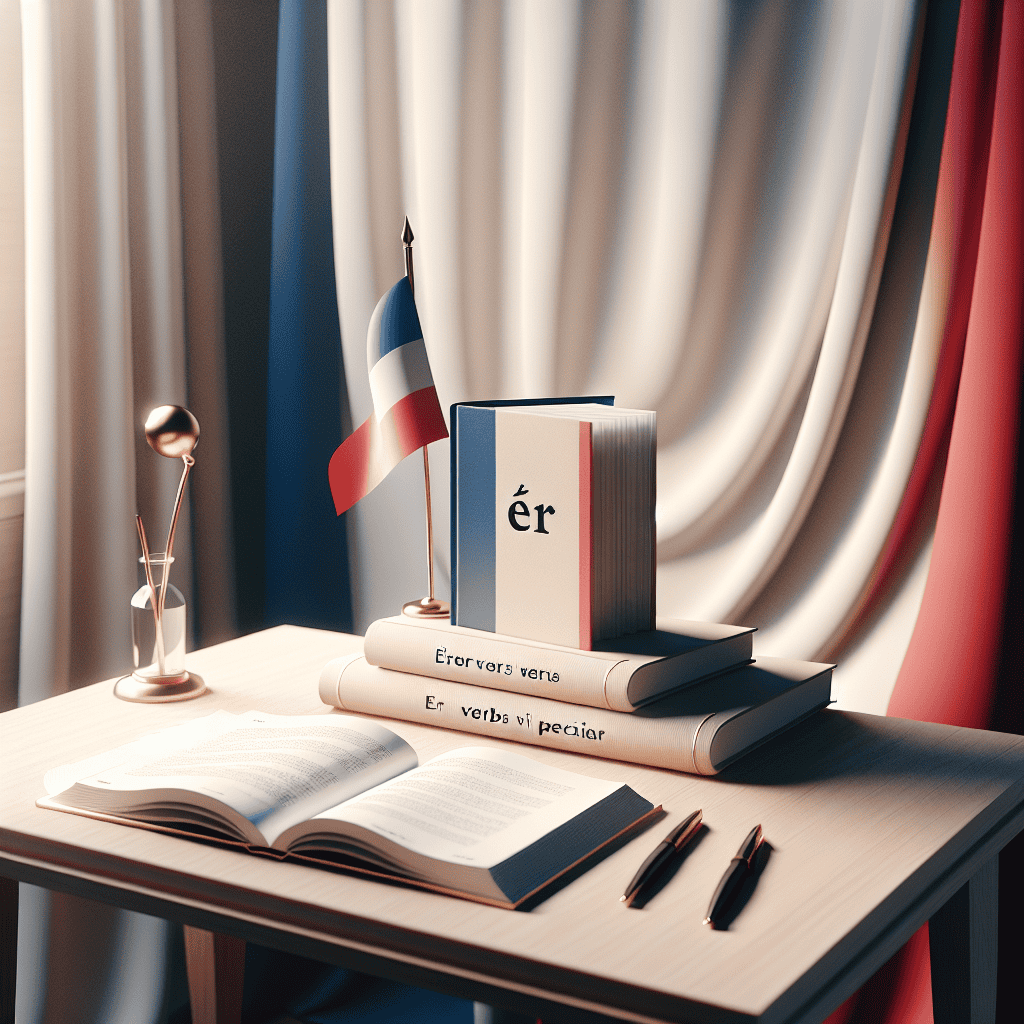 French language study concept with books, pen, and French flag in the background