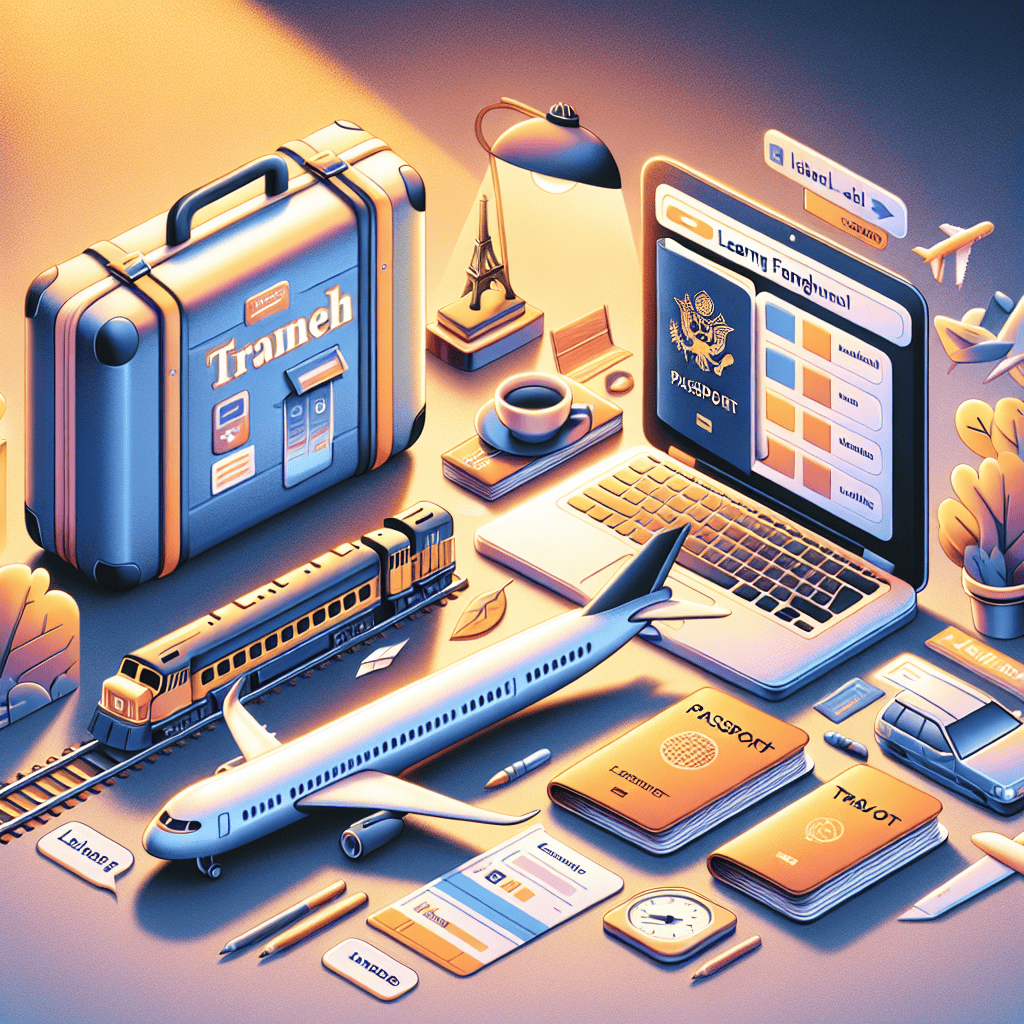 Learning French travel vocabulary concept with suitcase, passport, train, and airplane.