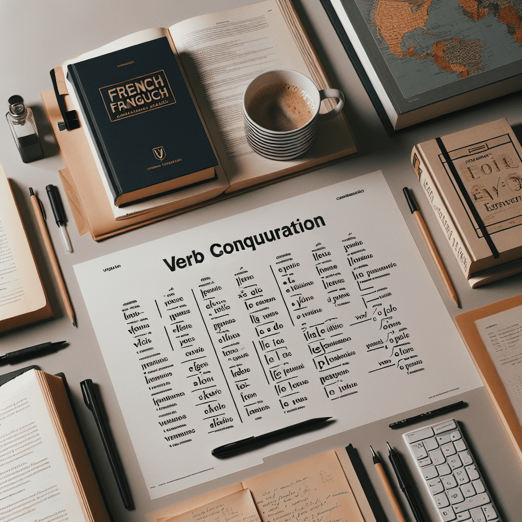 French verbs conjugation in a study setting with books and notes