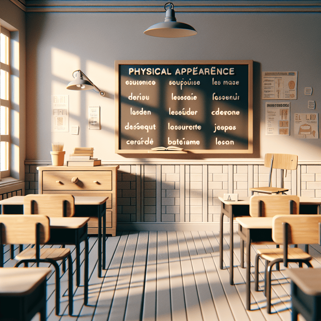 A minimalist and clear image illustrating physical appearance vocabulary in French language