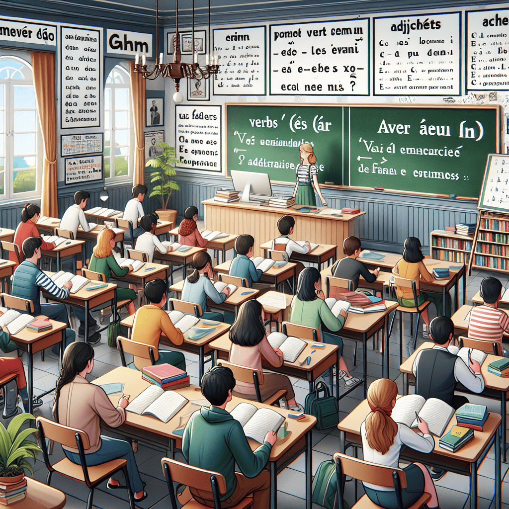 Illustration of a French language classroom with students practicing grammar rules