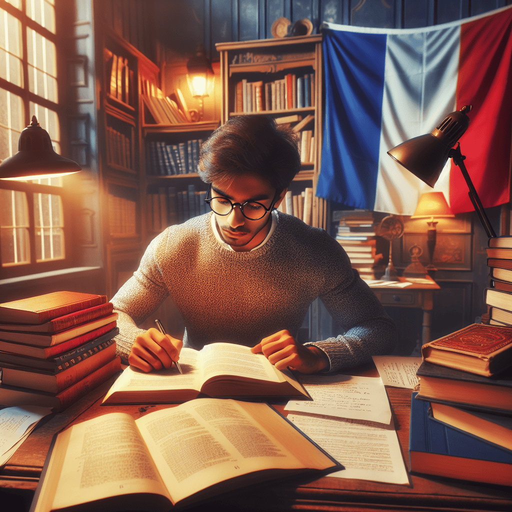 Illustration of a person studying French language at a desk with books and a French flag in the background.
