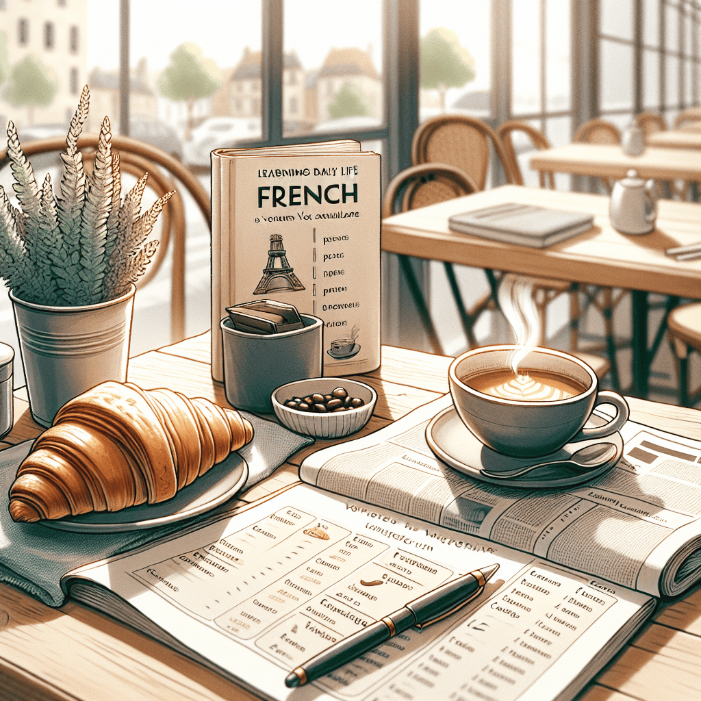 French language learning concept with daily life vocabulary words written on colorful sticky notes