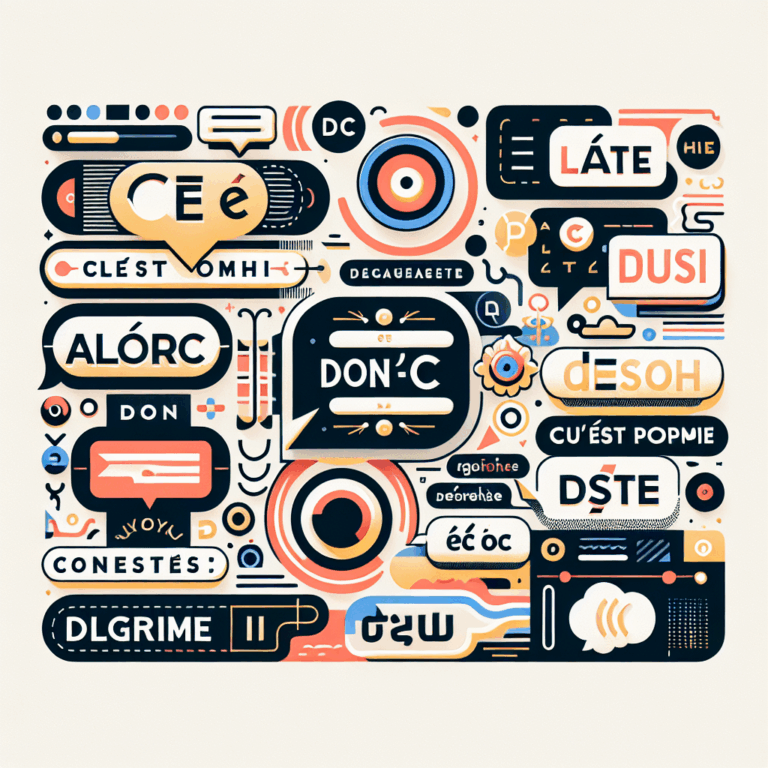 Illustration of a French language concept with words donc, alors, c’est pourquoi surrounded by elegant design elements