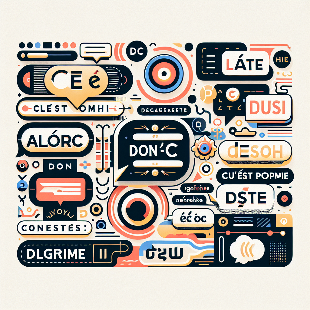 Illustration of a French language concept with words donc, alors, c’est pourquoi surrounded by elegant design elements