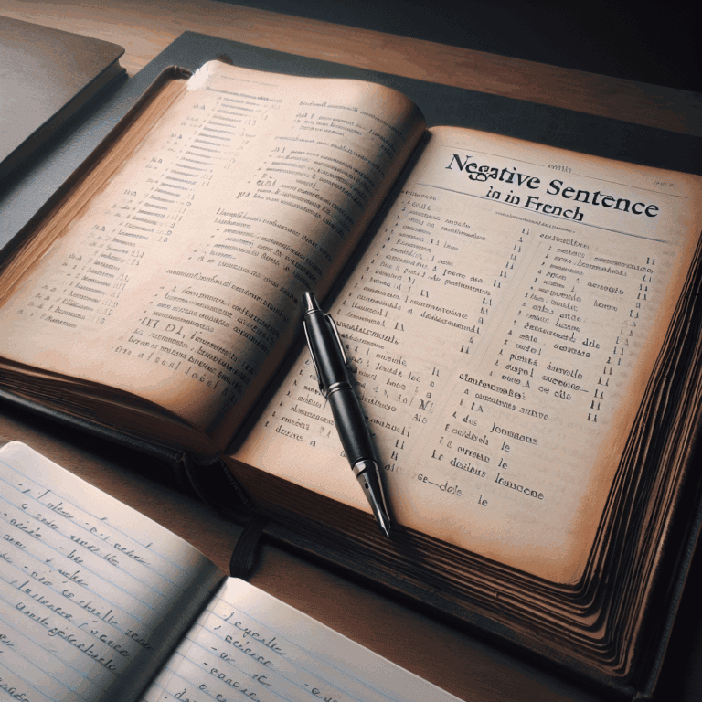 Illustration of a person learning French grammar with negative sentence structures
