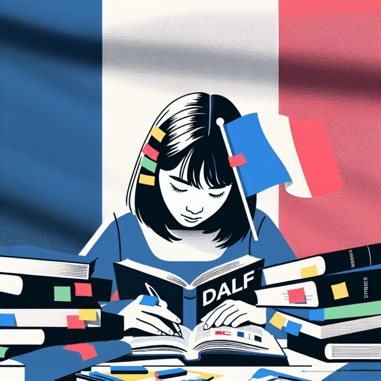 DALF French language proficiency exam concept with a person studying, books, and a French flag