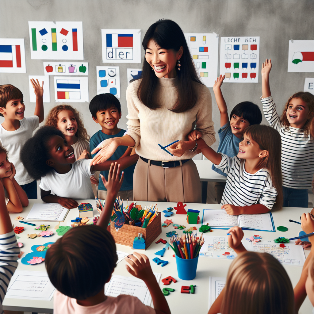 Illustration of a teacher interacting with young children in a French language class, using colorful props and educational materials