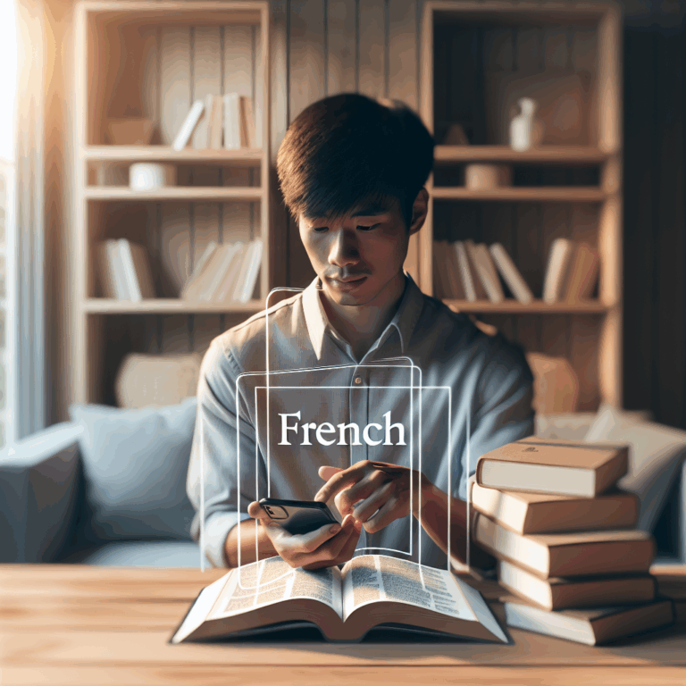 Illustration of a person studying French language using a mobile app