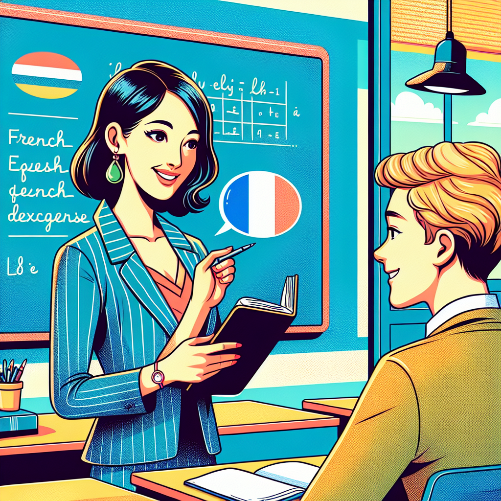 Illustration of a teacher giving feedback to a student in a French language class