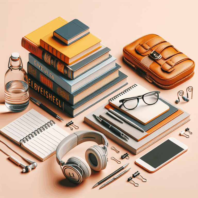 French language learning concept with books, notebook, and headphones on a desk
