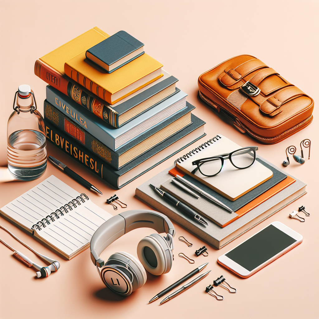 French language learning concept with books, notebook, and headphones on a desk