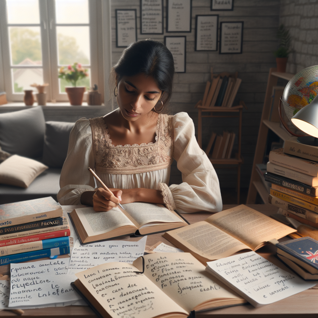 Woman learning French language with books and notes, surrounded by French cultural elements