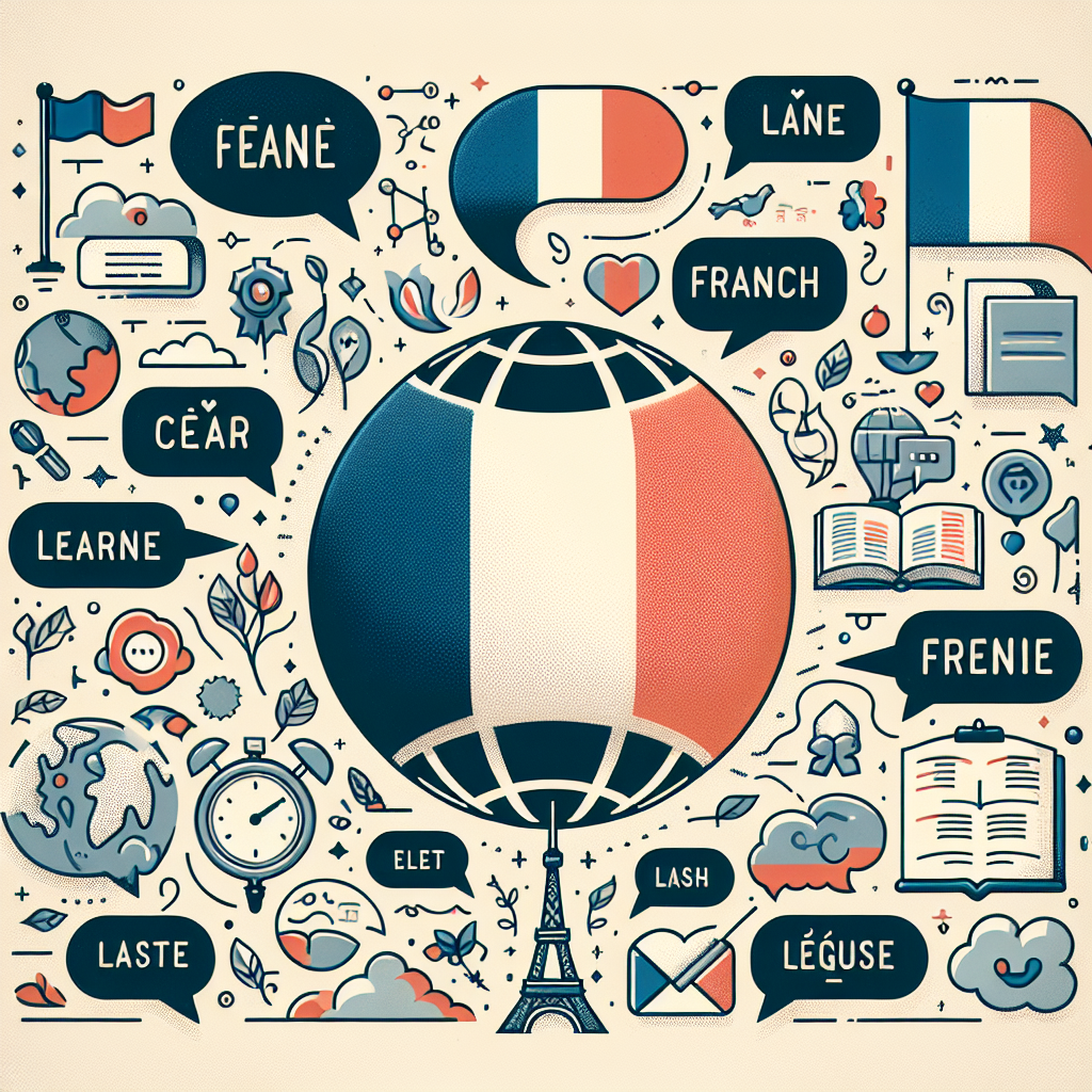 French language learning concept with colorful speech bubbles and flag of France