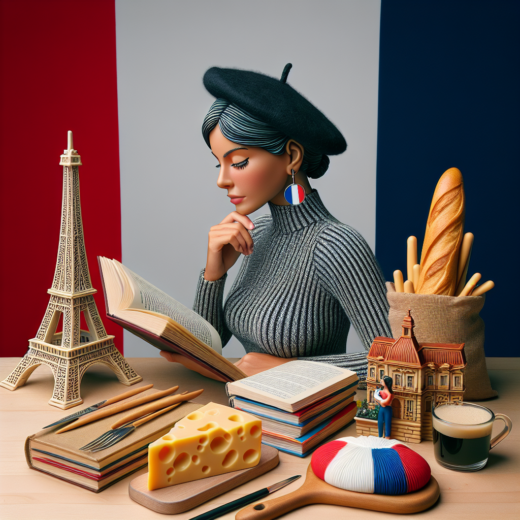 French language learning concept with a person studying with books and a French flag in the background