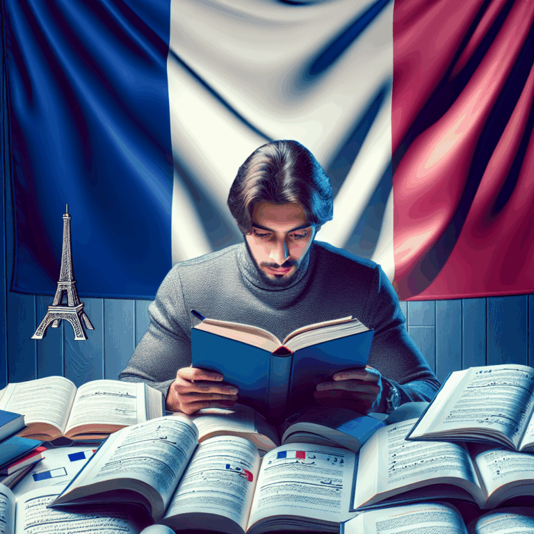 Illustration of a person studying French language with books and a French flag in the background