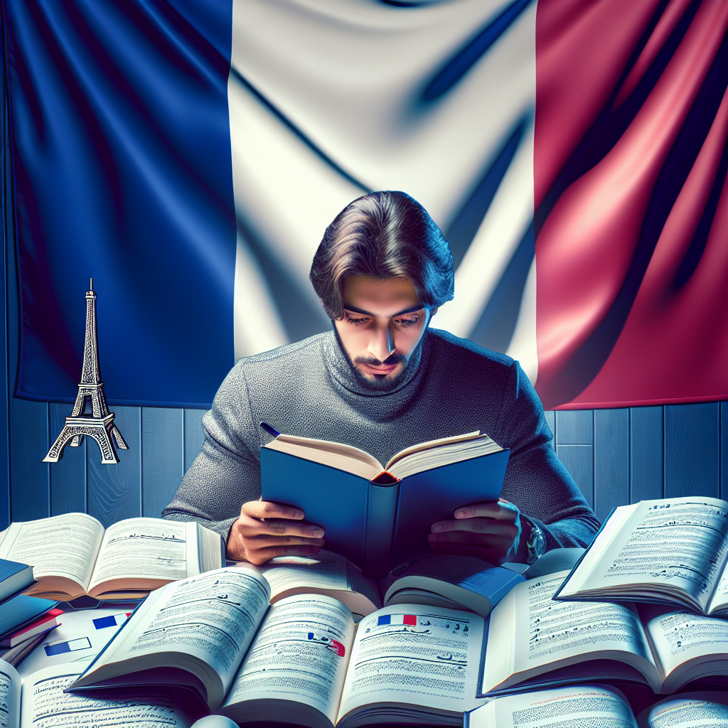 Illustration of a person studying French language with books and a French flag in the background