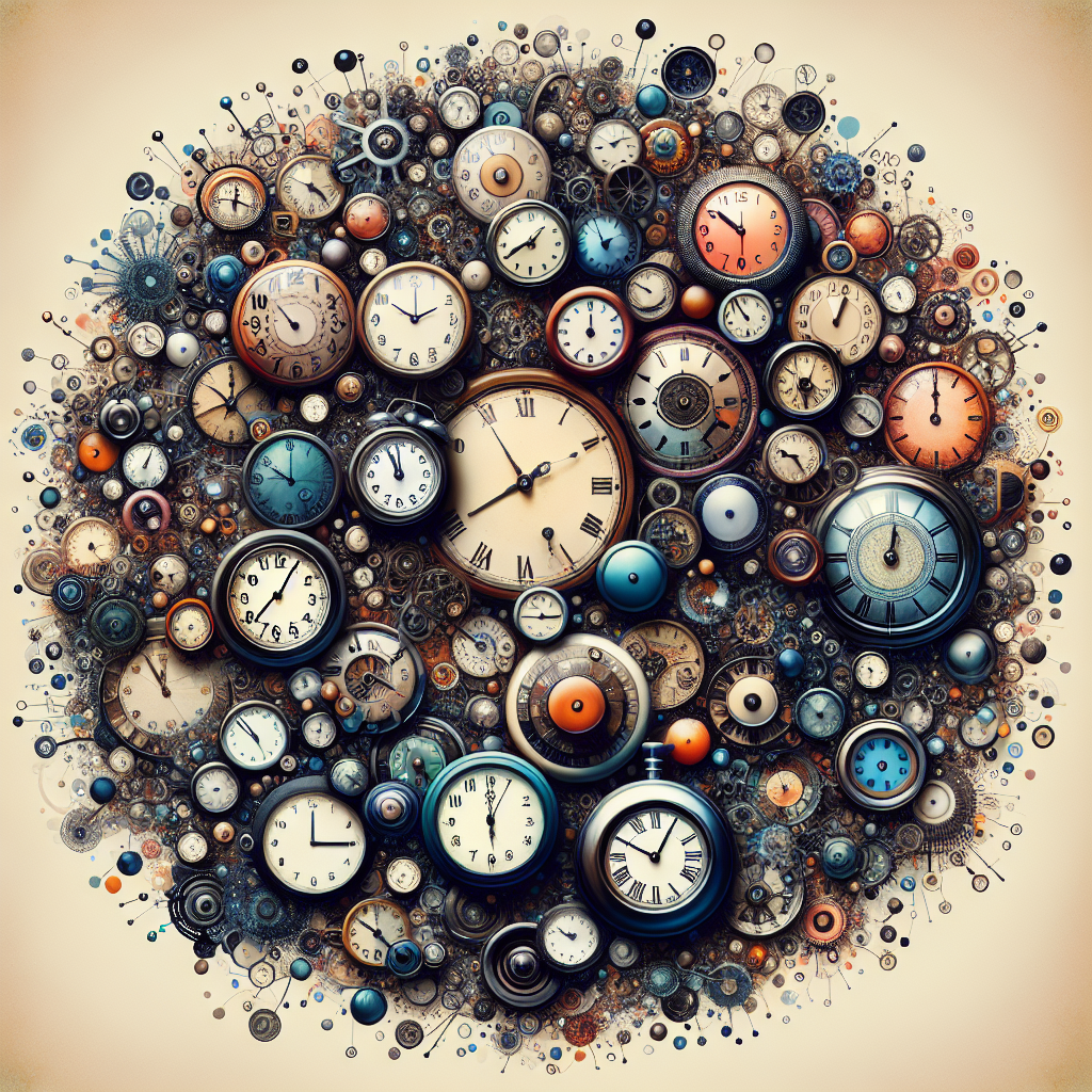 French language concept with various clocks showing different times, representing the importance of verb tenses in communication