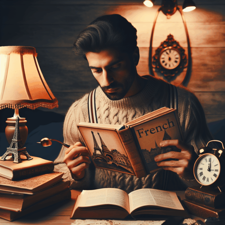 Illustration of a person studying French language with books and a clock in the background