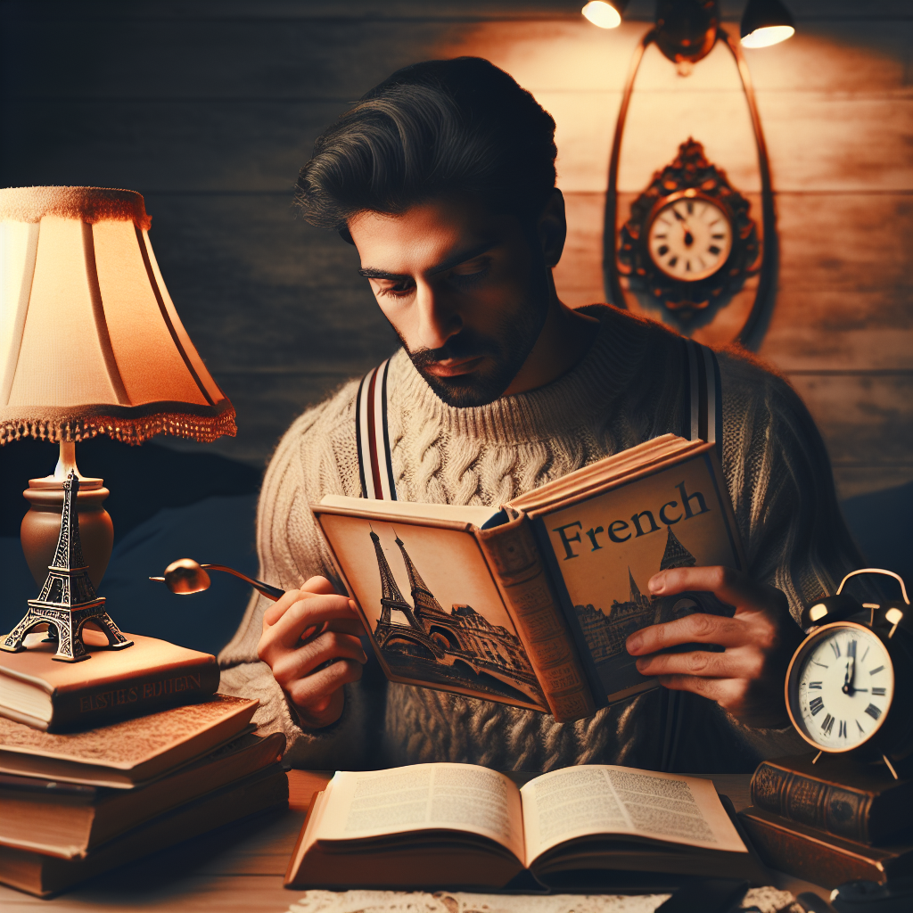 Illustration of a person studying French language with books and a clock in the background