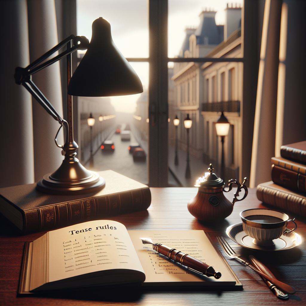 A minimal and clear image representing a French language learning scene with objects, lighting, and a mood suitable for a WordPress blog article.