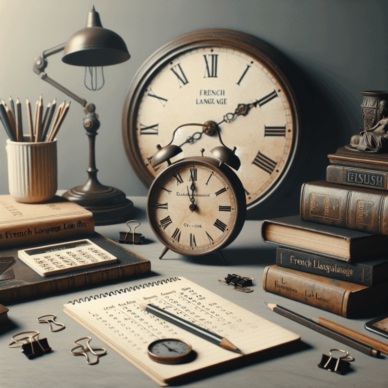 French language learning scene with a clock, calendar, and study materials