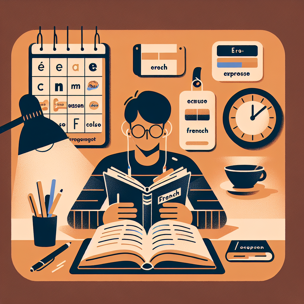 Illustration of a person studying French language with a clock and calendar in the background
