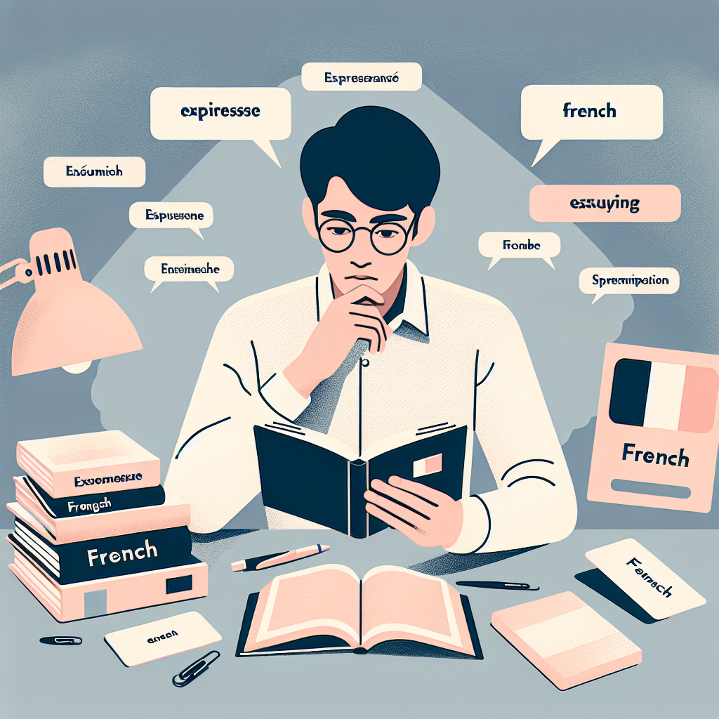 Person learning French vocabulary with books and flashcards