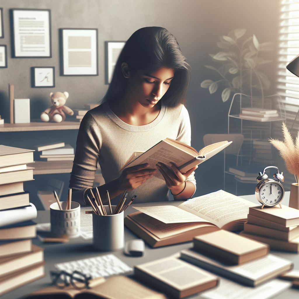 Illustration of a person studying diligently with books and a desk, representing the concept of setting goals in French language