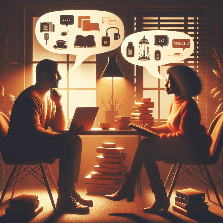 یک مکان گرم و پر نور با دو نفر در حال مکالمه فرانسه، همراه با کتاب‌ها و لپتاپهای باز شده