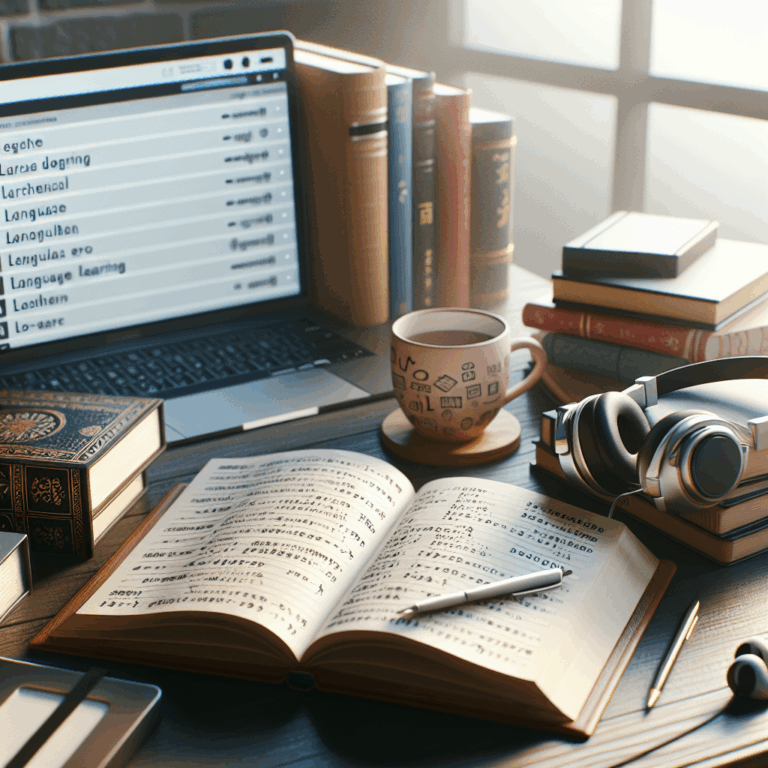 French language learning scene with books, headphones, and a computer, symbolizing language learning and practice
