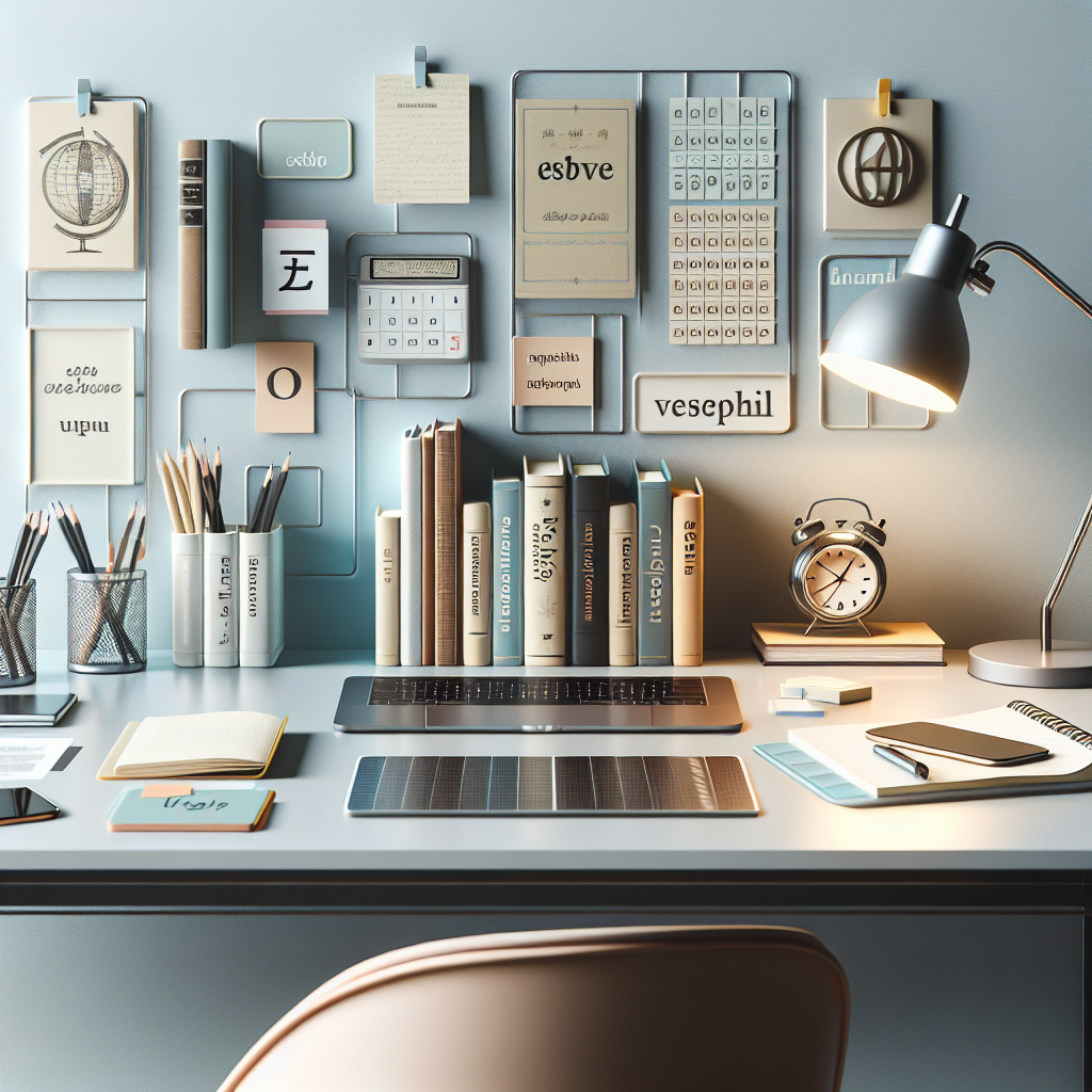 A minimalist and clear image depicting a language learning environment with objects, lighting, and a mood suitable for a WordPress blog article.