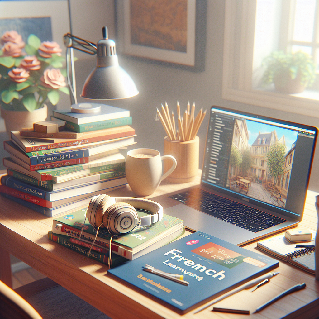 Minimalistic and clear image representing language learning process with French books and headphones