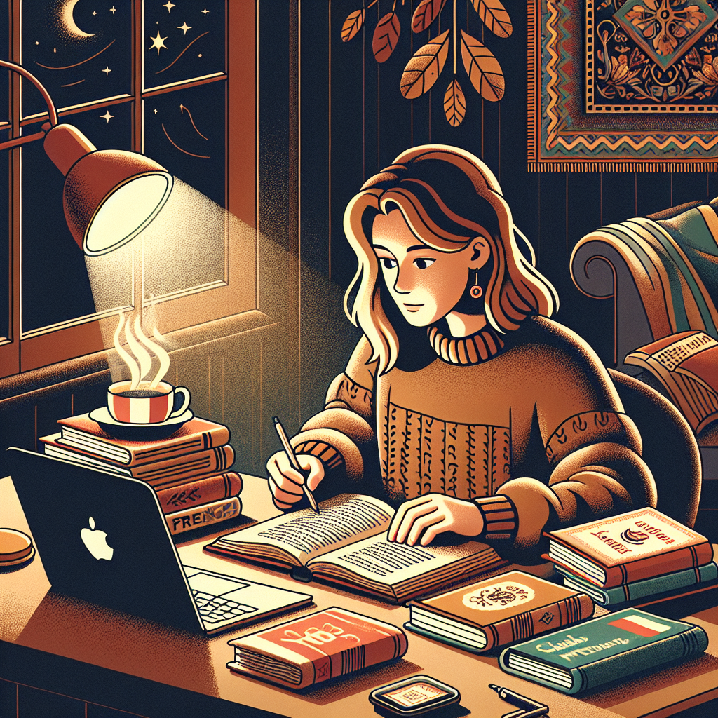 Woman studying French language with books and laptop on desk