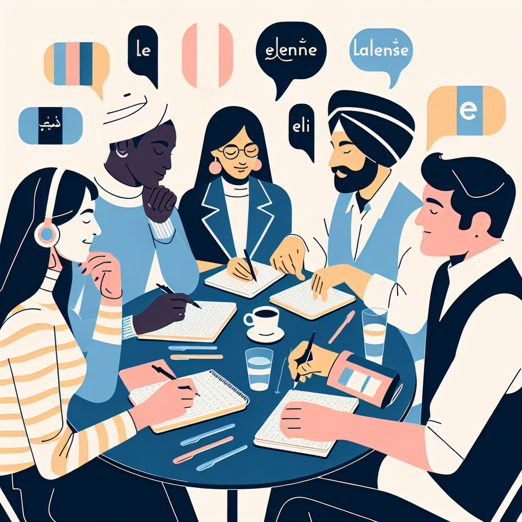 Illustration of a diverse group of language learners engaged in interactive French lessons