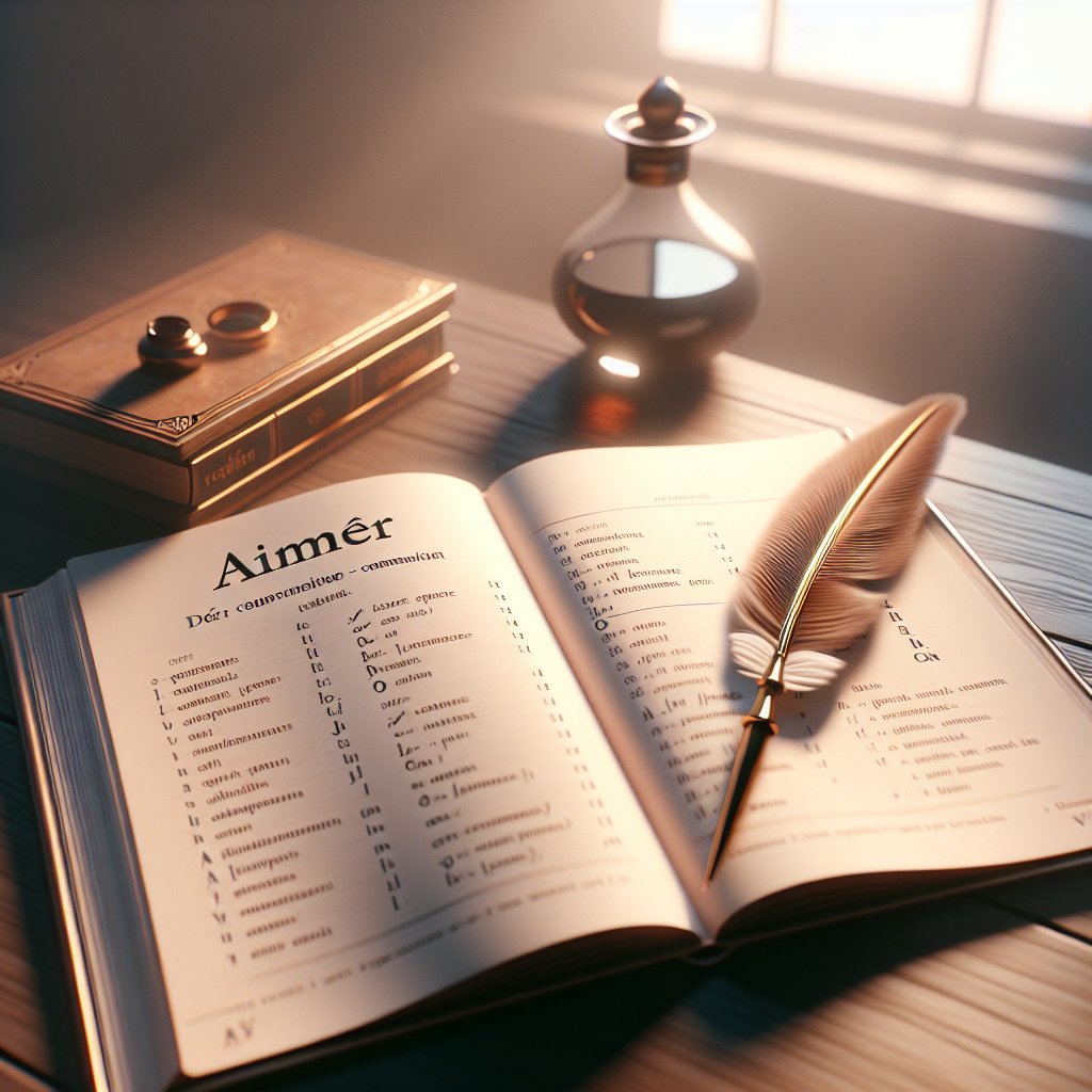 Illustration of a person conjugating the verb 'aimer' in French