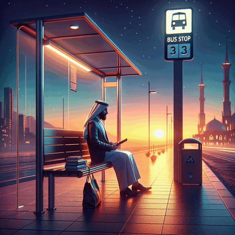 Illustration of a person waiting at a bus stop, symbolizing the verb 'attendre' in French language
