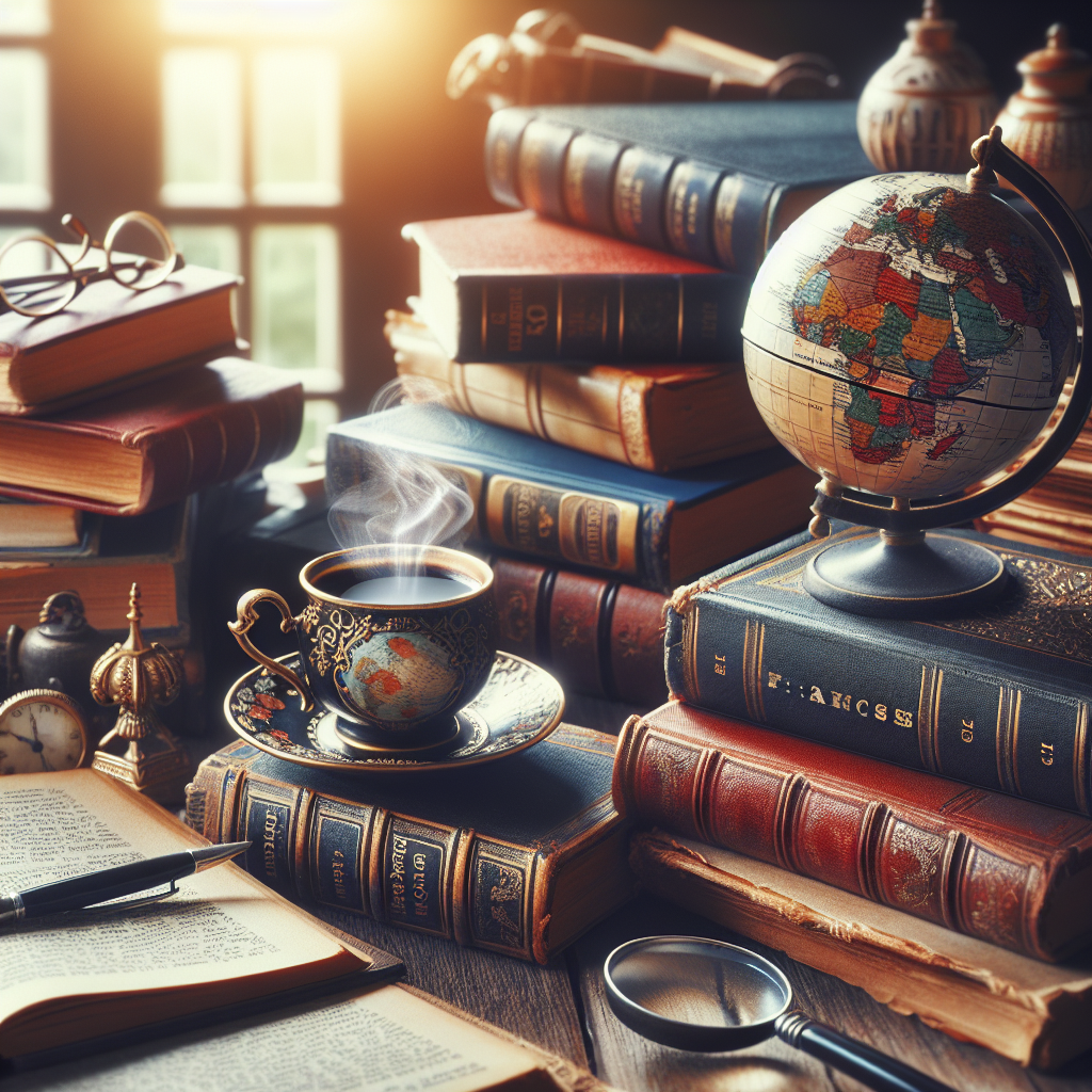 Illustration of a French language study scene with books, a globe, and a cup of coffee on a table