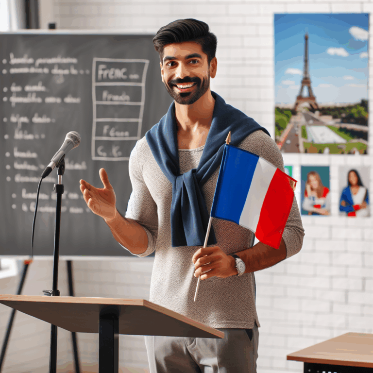 Person holding a French flag while giving a presentation in a classroom setting
