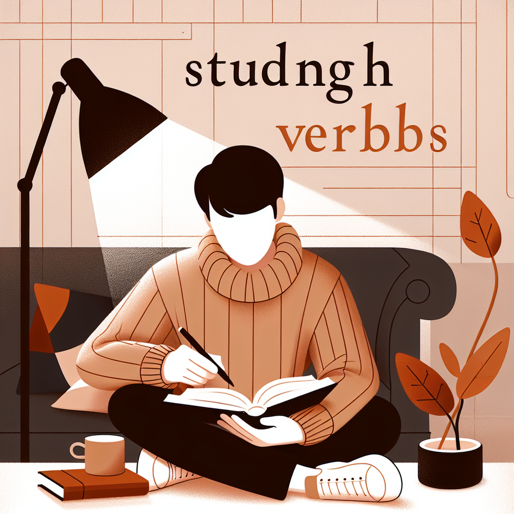 Illustration of a person studying French verbs with a book and a pen