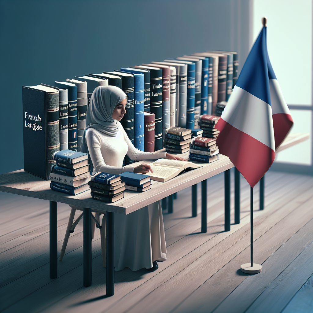Illustration of a person studying French with books and a French flag, representing learning the verb 'faire'