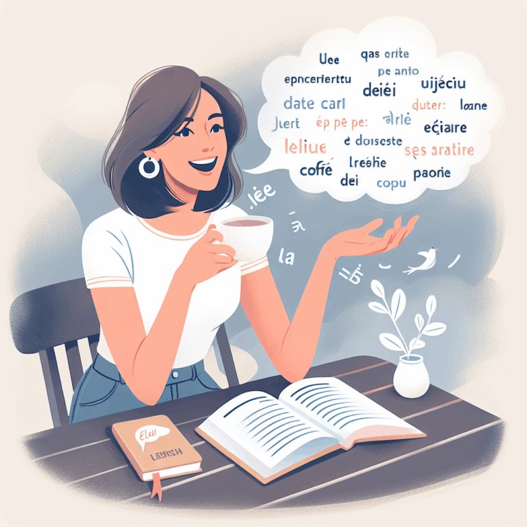 Illustration of a person speaking French in a casual setting, practicing conversation skills.