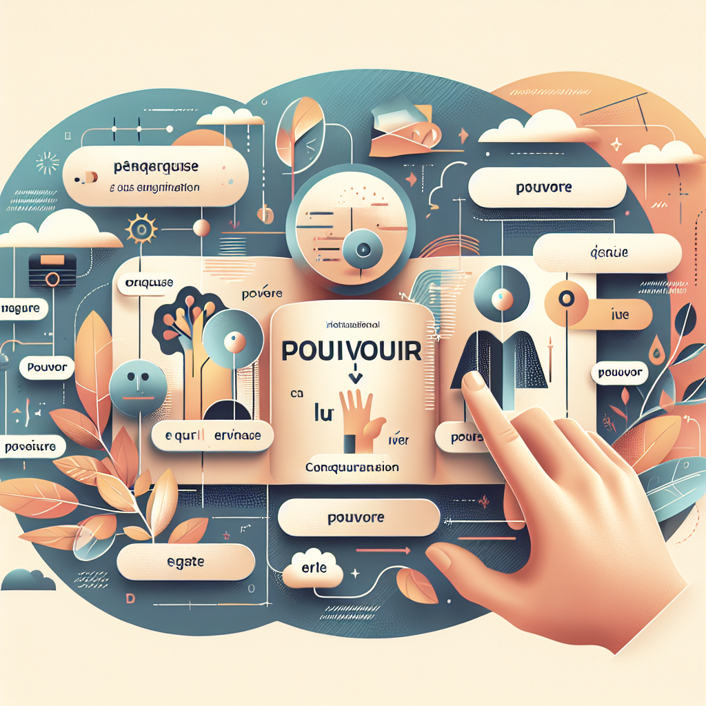 A minimal and clear image representing the conjugation of the verb 'pouvoir' in French with a modern and engaging design.
