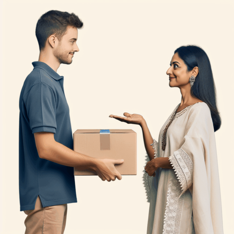 Person receiving a package, representing the verb recevoir in French language learning