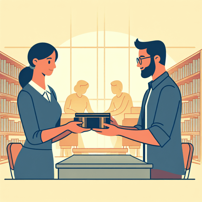 Illustration of a person returning a book to a library, highlighting the concept of the French verb 'rendre'