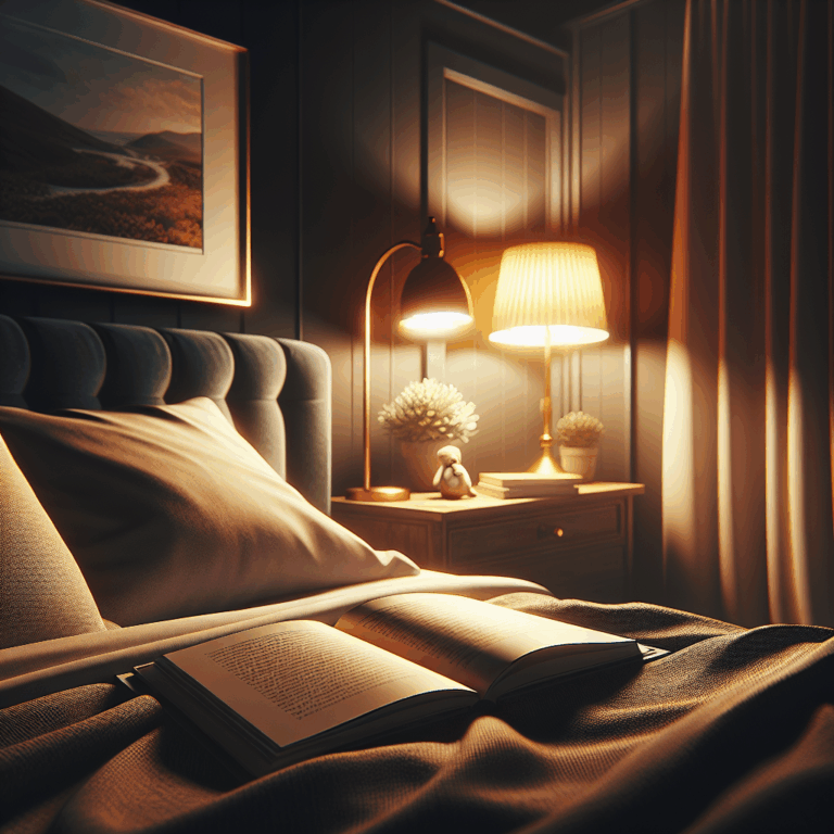 A minimalist and clear image depicting a bedroom setting with a bed, lamp, and a book, symbolizing the verb se coucher in French.