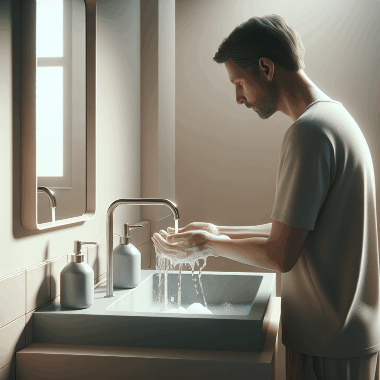 Illustration of a person washing their hands, representing the reflexive verb 'se laver' in French