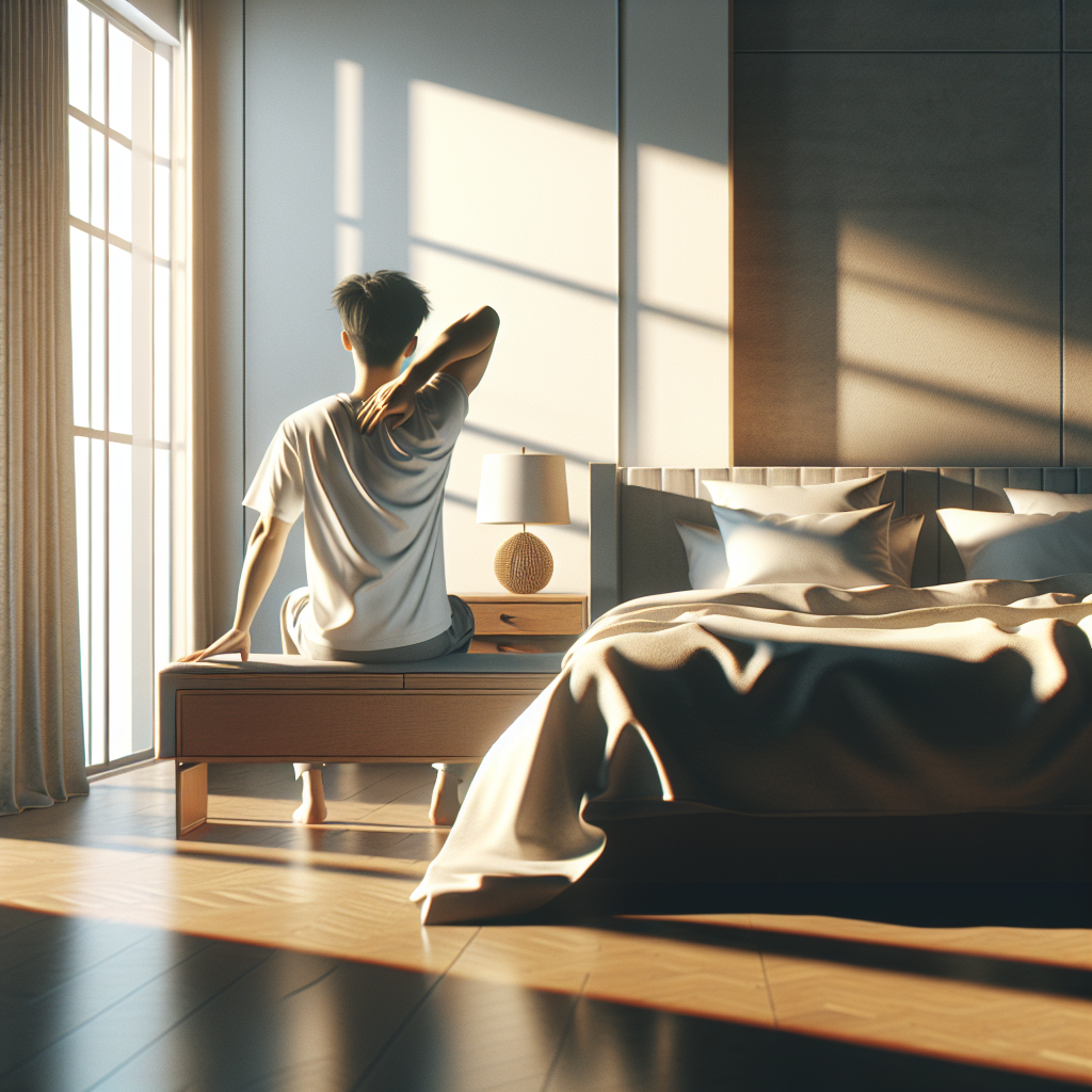 A minimalist and clear image depicting a person getting up in the morning, symbolizing the French verb 'se lever'.