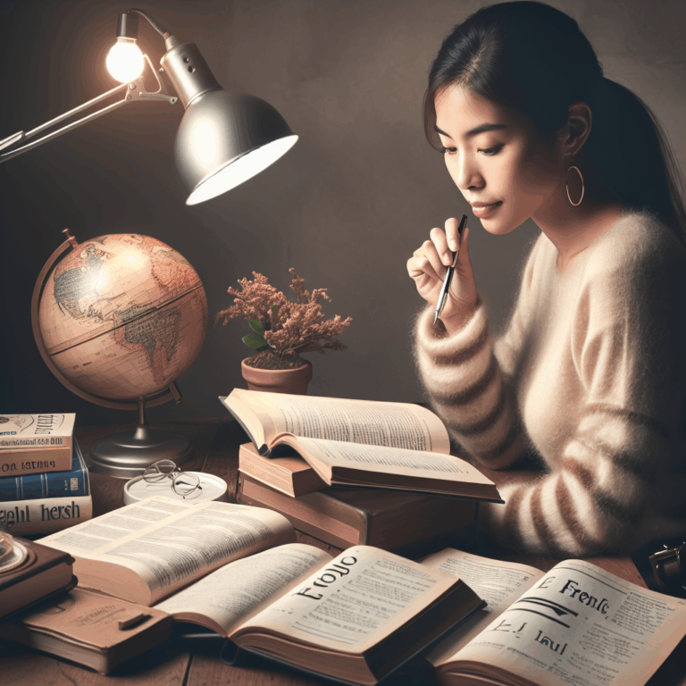 Illustration of a person studying French language with books and a globe, representing learning and exploration