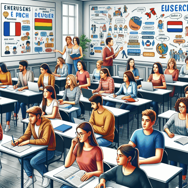 Teenagers and adults learning French in a diverse classroom setting with interactive activities and engaging materials